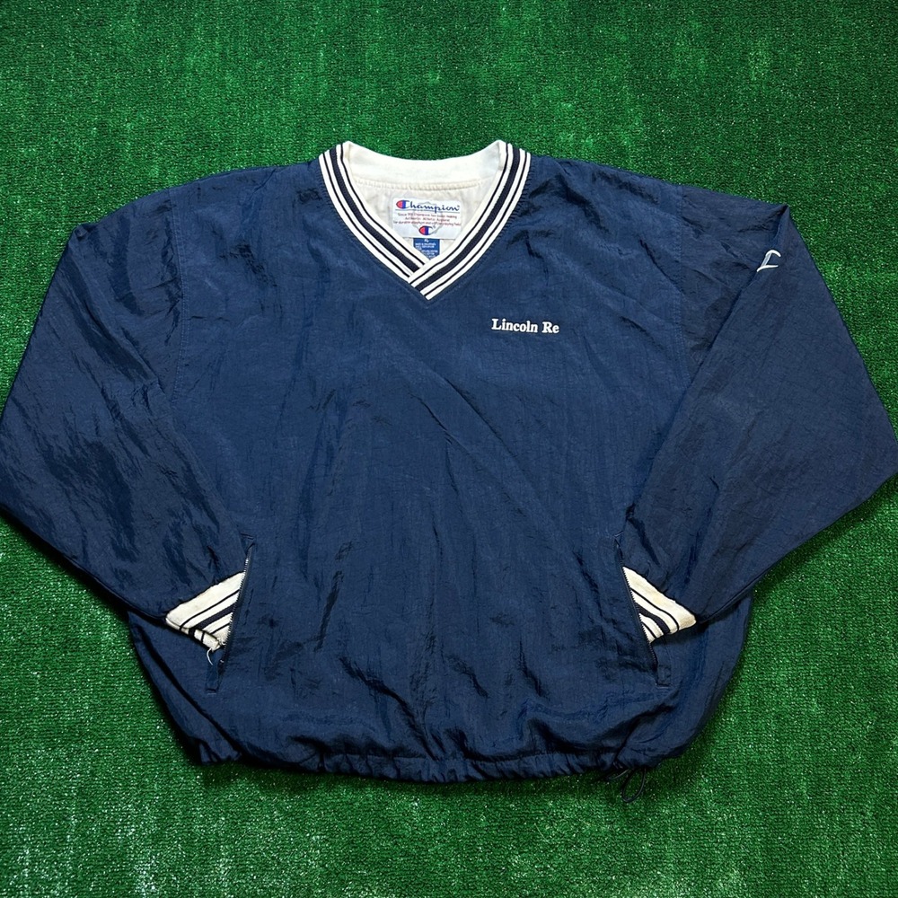 Vintage 90s Champion V-Neck Windbreaker Pullover Navy Blue XL‎